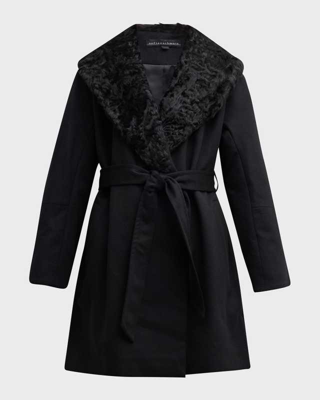 Cashmere Belted Wrap Coat with Curly Shearling Collar